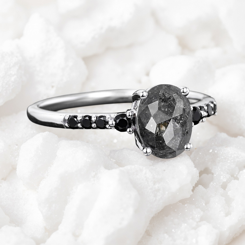 1.65ct Oval Cut Salt & Pepper Diamond With Black Moissanite S925 Silver - Image 4