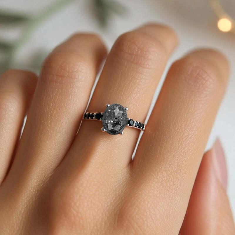 1.65ct Oval Cut Salt & Pepper Diamond With Black Moissanite S925 Silver - Image 8