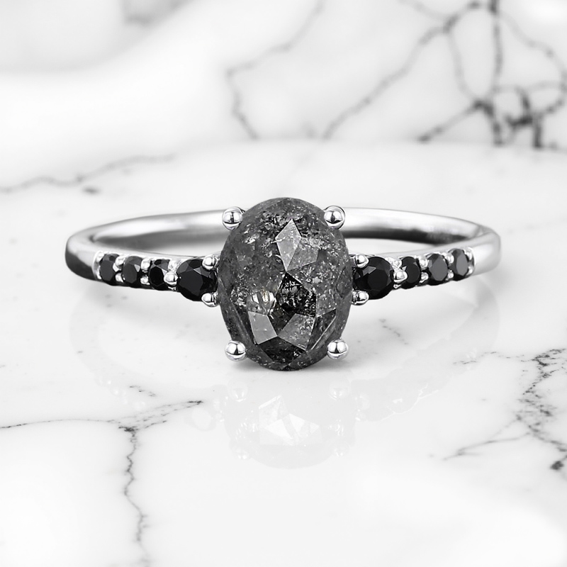 1.65ct Oval Cut Salt & Pepper Diamond With Black Moissanite S925 Silver
