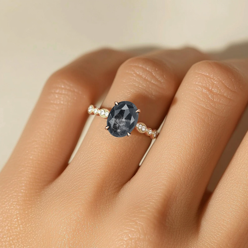 1.69ct Oval Cut Salt & Pepper Diamond Milgrain Design Promise S925 Silver - Image 8