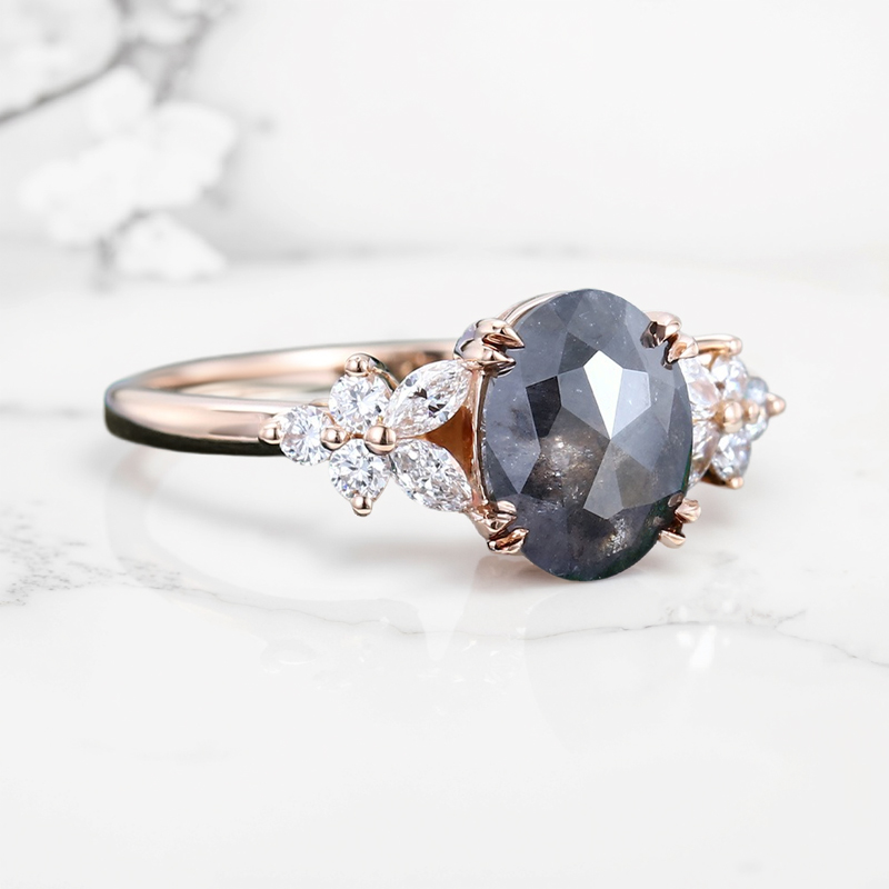 1.88ct Oval Cut Salt & Pepper Diamond Blossom S925 Silver Engagement Ring - Image 4