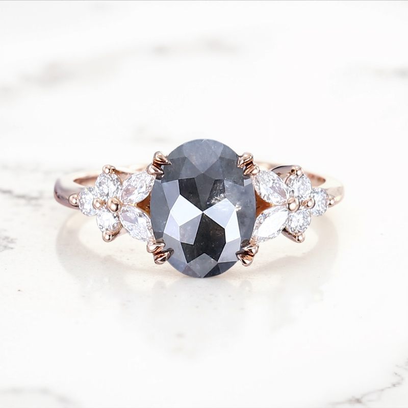 1.88ct Oval Cut Salt & Pepper Diamond Blossom S925 Silver Engagement Ring - Image 5