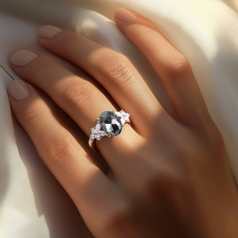 1.88ct Oval Cut Salt & Pepper Diamond Blossom S925 Silver Engagement Ring - Image 8