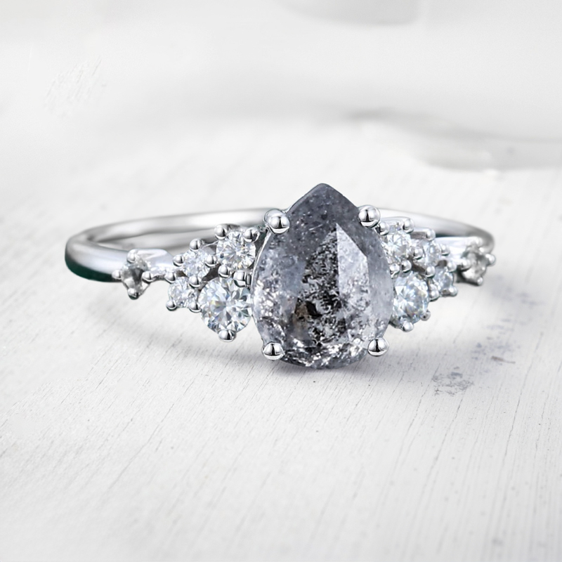 1.4ct Pear Cut Salt & Pepper Diamond Cluster Bridal S925 Silver Engagement - Image 4