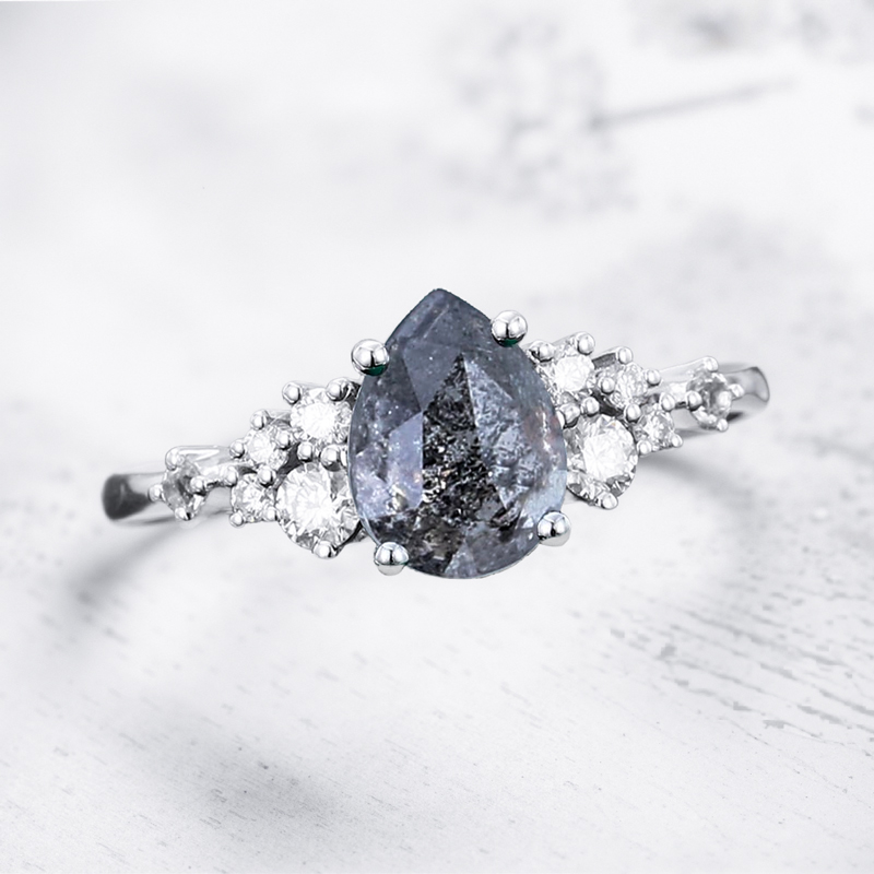 1.4ct Pear Cut Salt & Pepper Diamond Cluster Bridal S925 Silver Engagement - Image 6