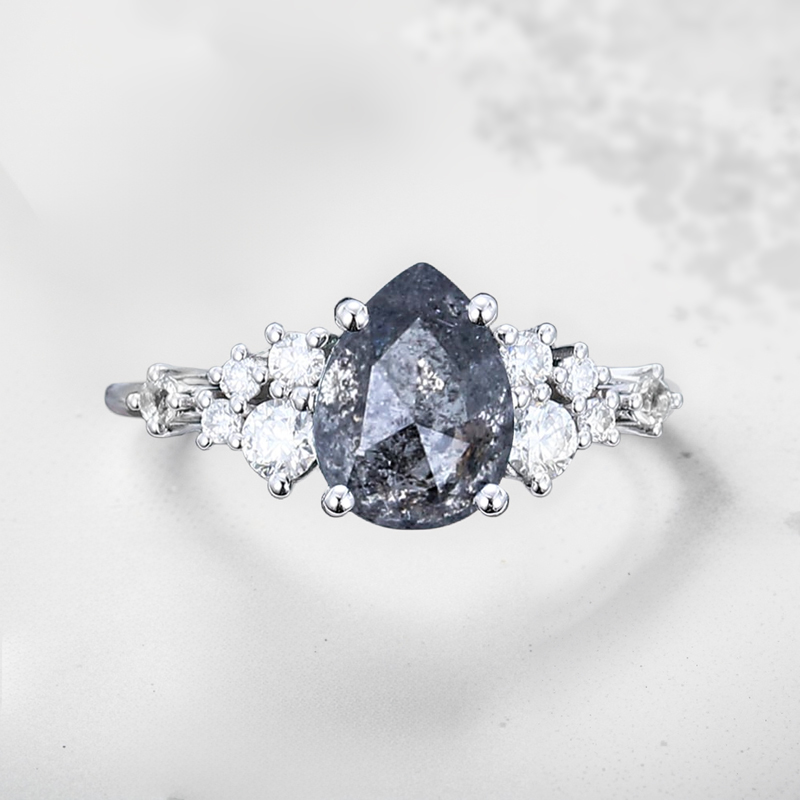 1.4ct Pear Cut Salt & Pepper Diamond Cluster Bridal S925 Silver Engagement - Image 7