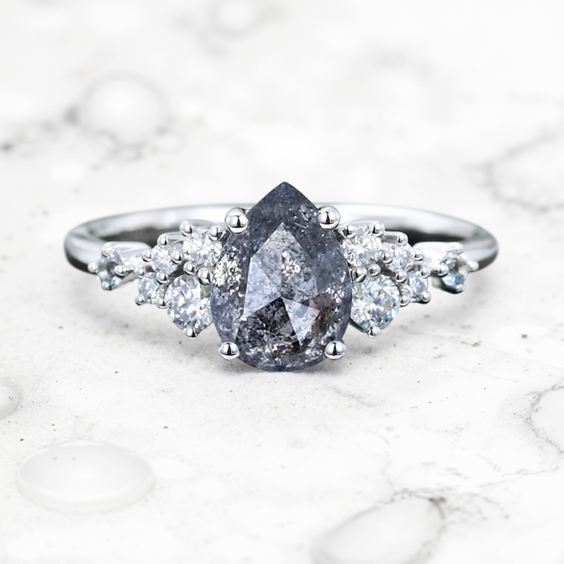 1.4ct Pear Cut Salt & Pepper Diamond Cluster Bridal S925 Silver Engagement