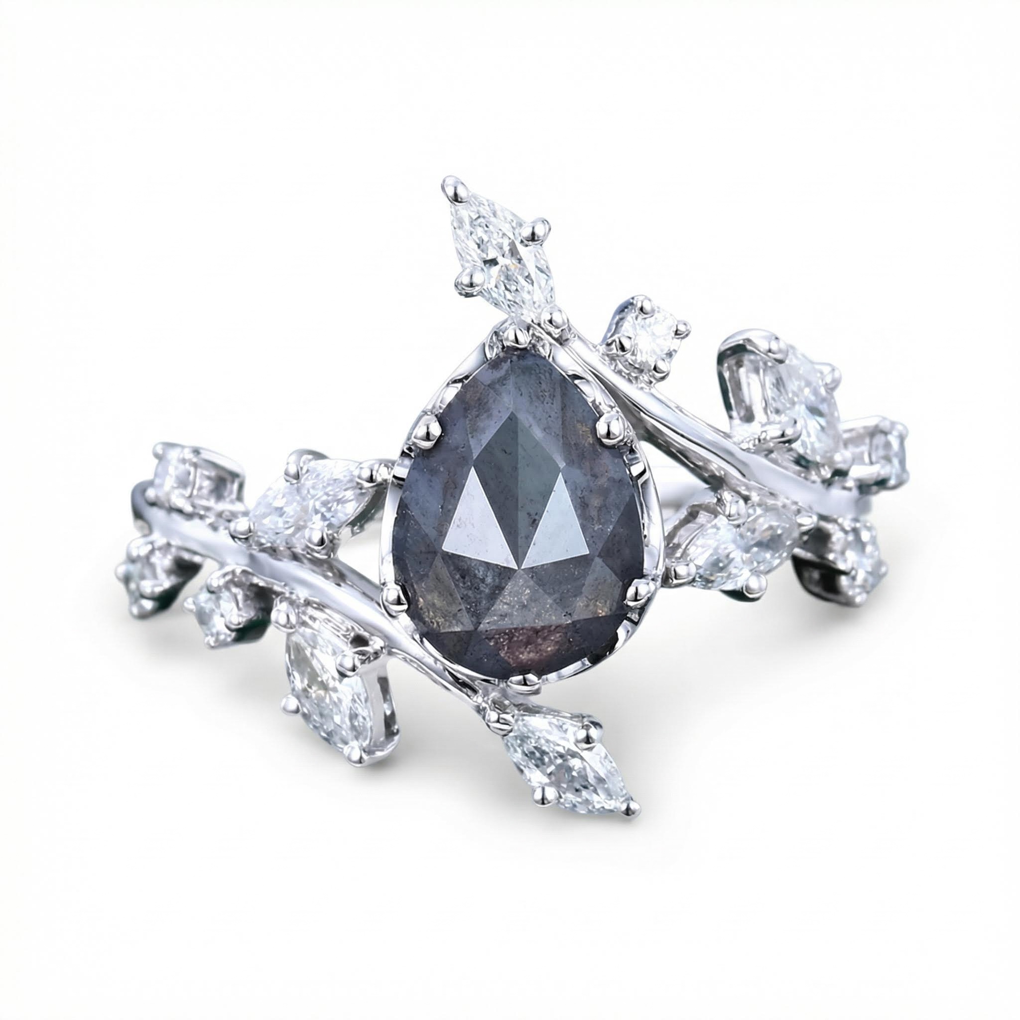 1.53ct Pear Cut Salt & Pepper Diamond With Marquise Cut Moissanite S925