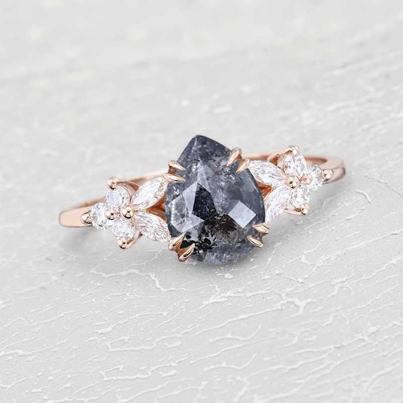 1.44ct Pear Cut Salt & Pepper Diamond Blossom Nature Inspired S925 Silver - Image 5
