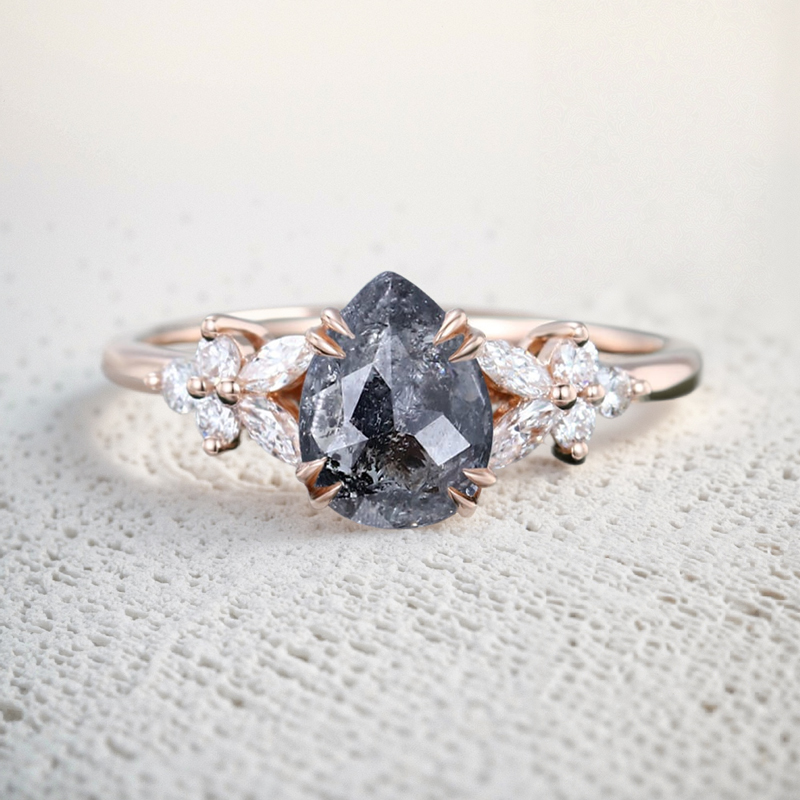 1.44ct Pear Cut Salt & Pepper Diamond Blossom Nature Inspired S925 Silver