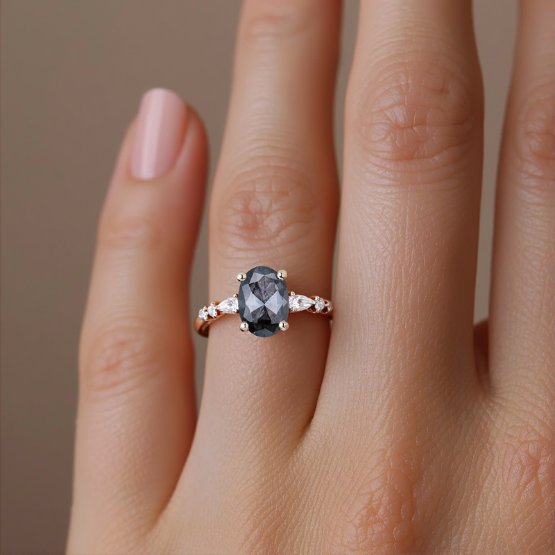 1.69ct Oval Cut Salt & Pepper Diamond Blossom S925 Silver Engagement Ring - Image 7