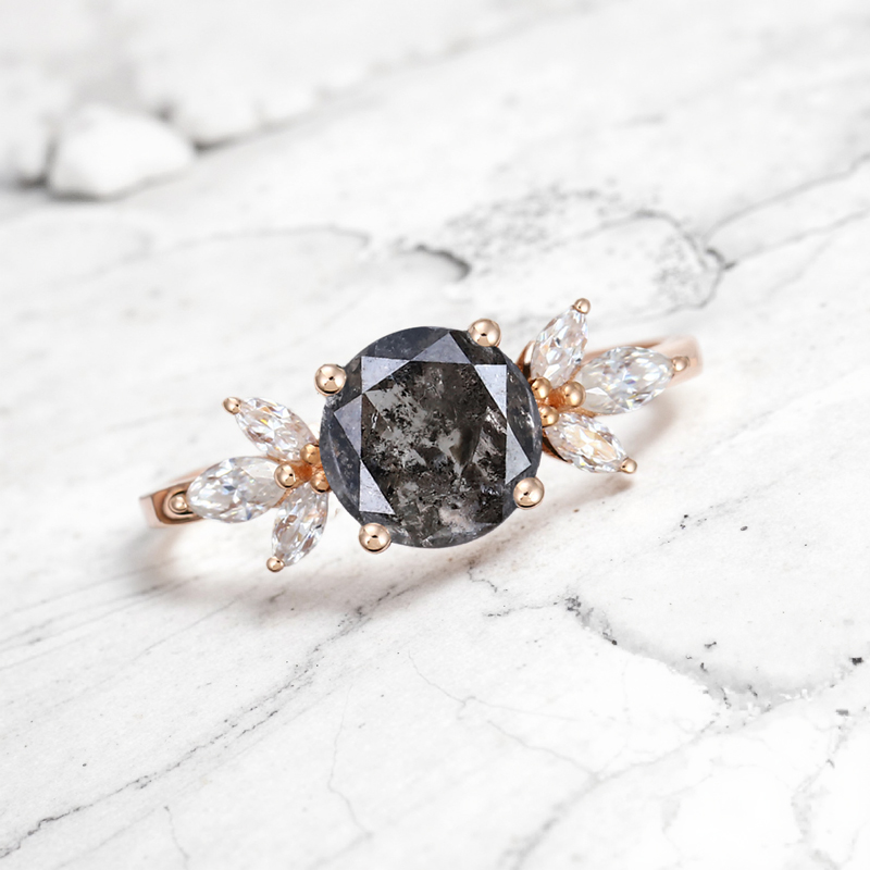 1.38ct Round Cut Salt & Pepper Diamond Marquise Cut Moissanite Accented - Image 5