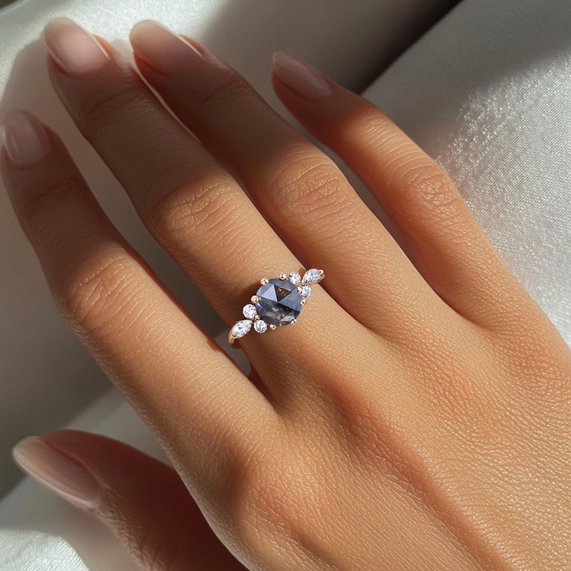 1.26ct Round Cut Salt & Pepper Diamond Moissanite Accented S925 Silver - Image 6