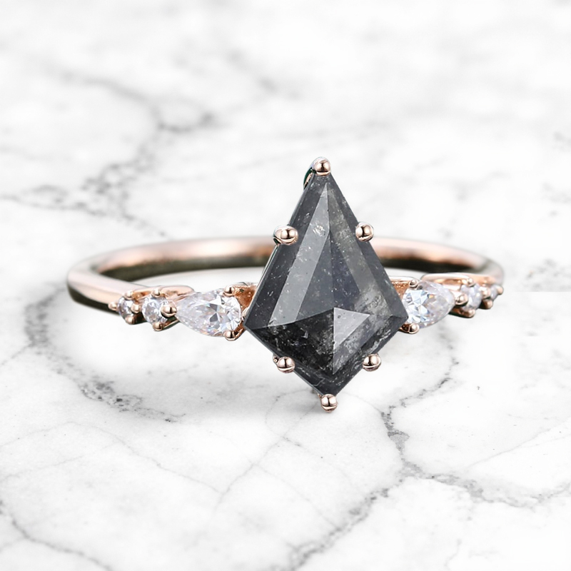 1.7ct Kite Cut Salt & Pepper Diamond With Round Cut Moissanite Accented