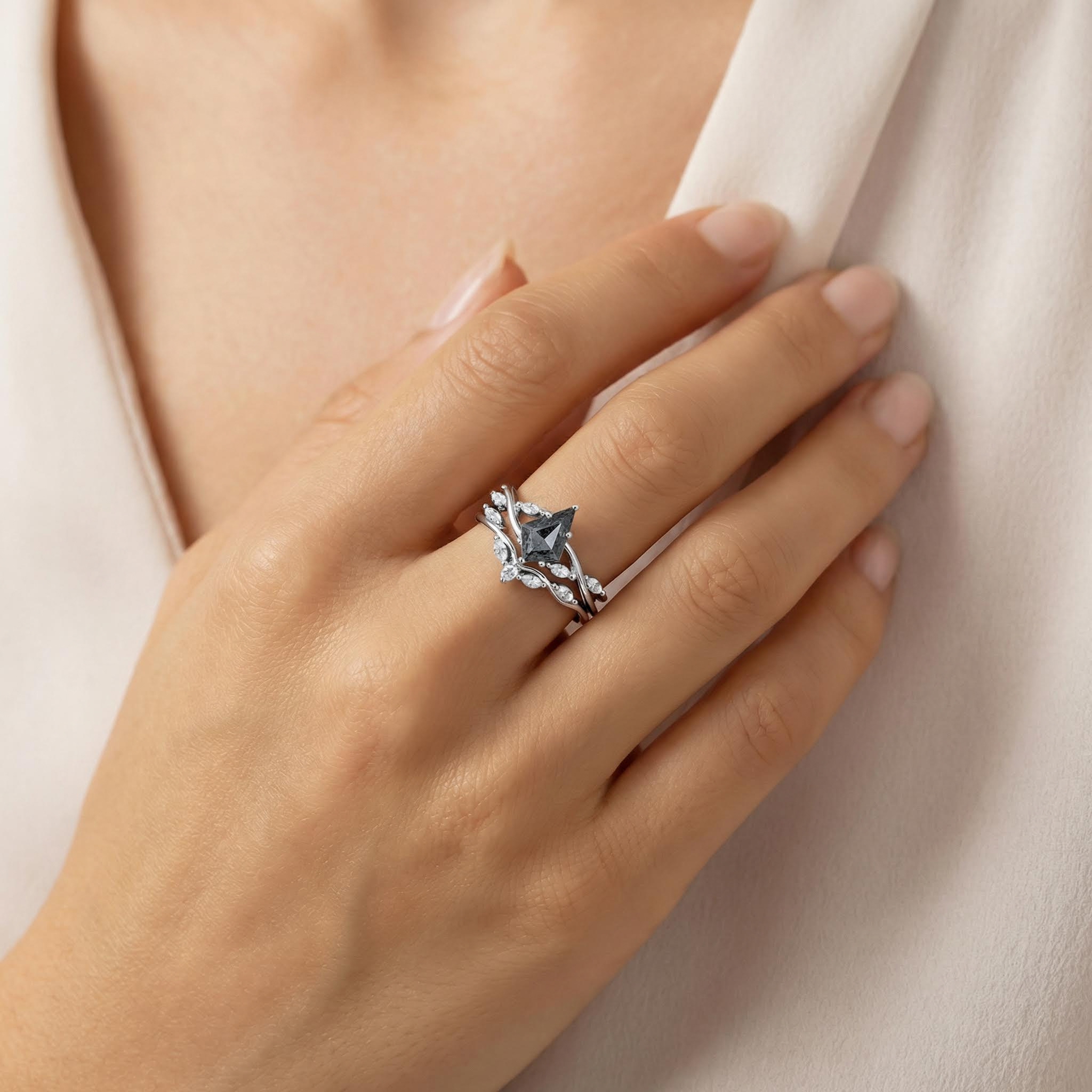 2.01ct Kite Cut Salt & Pepper Diamond With Marquise Cut Moissanite Accented - Image 3