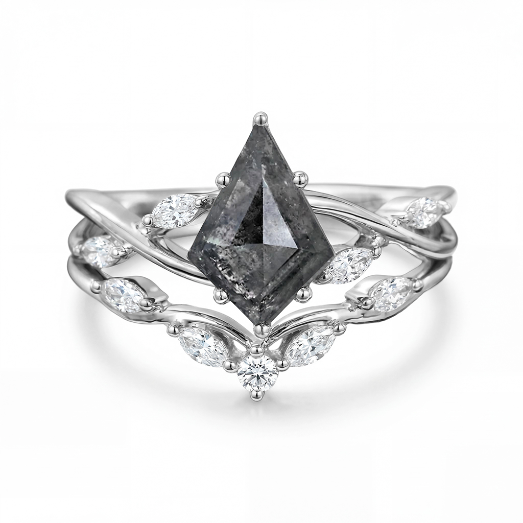 2.01ct Kite Cut Salt & Pepper Diamond With Marquise Cut Moissanite Accented