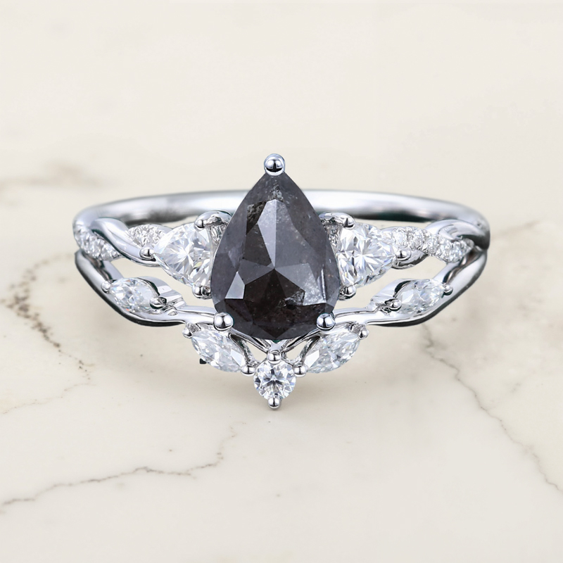 1.97ct Pear Cut Salt & Pepper Diamond With Moissanite S925 Silver