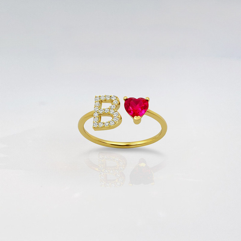 Personalized Letter & Heart Cut Birthstone Ring With Street Luxury Shine