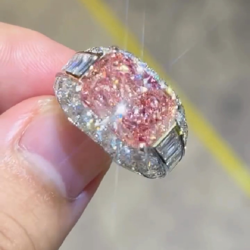 9.42ct. Tw. Radiant Cut Pink Diamonds With Baguette Paved Engagement Ring
