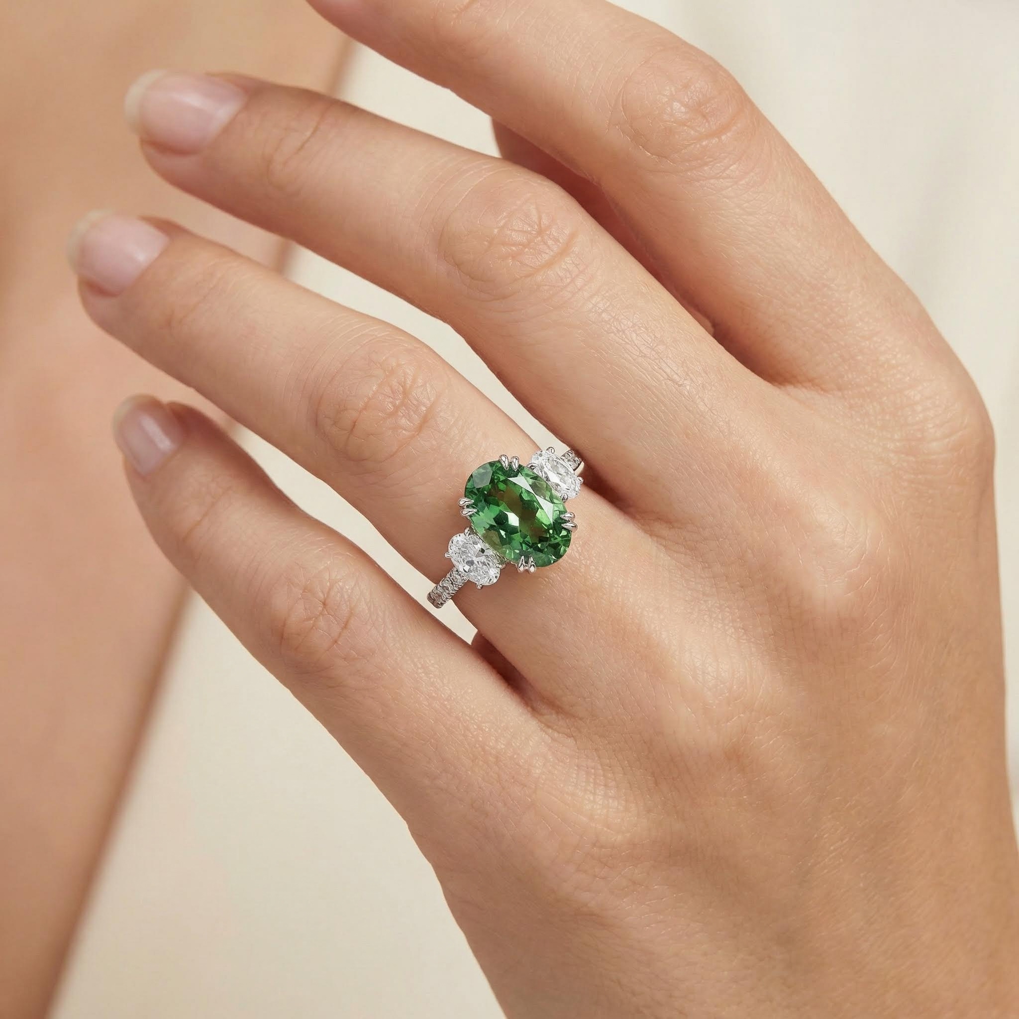 6.51ct. Tw. Green Oval Cut Diamond Three Stone Engagement Ring Iced Out - Image 3