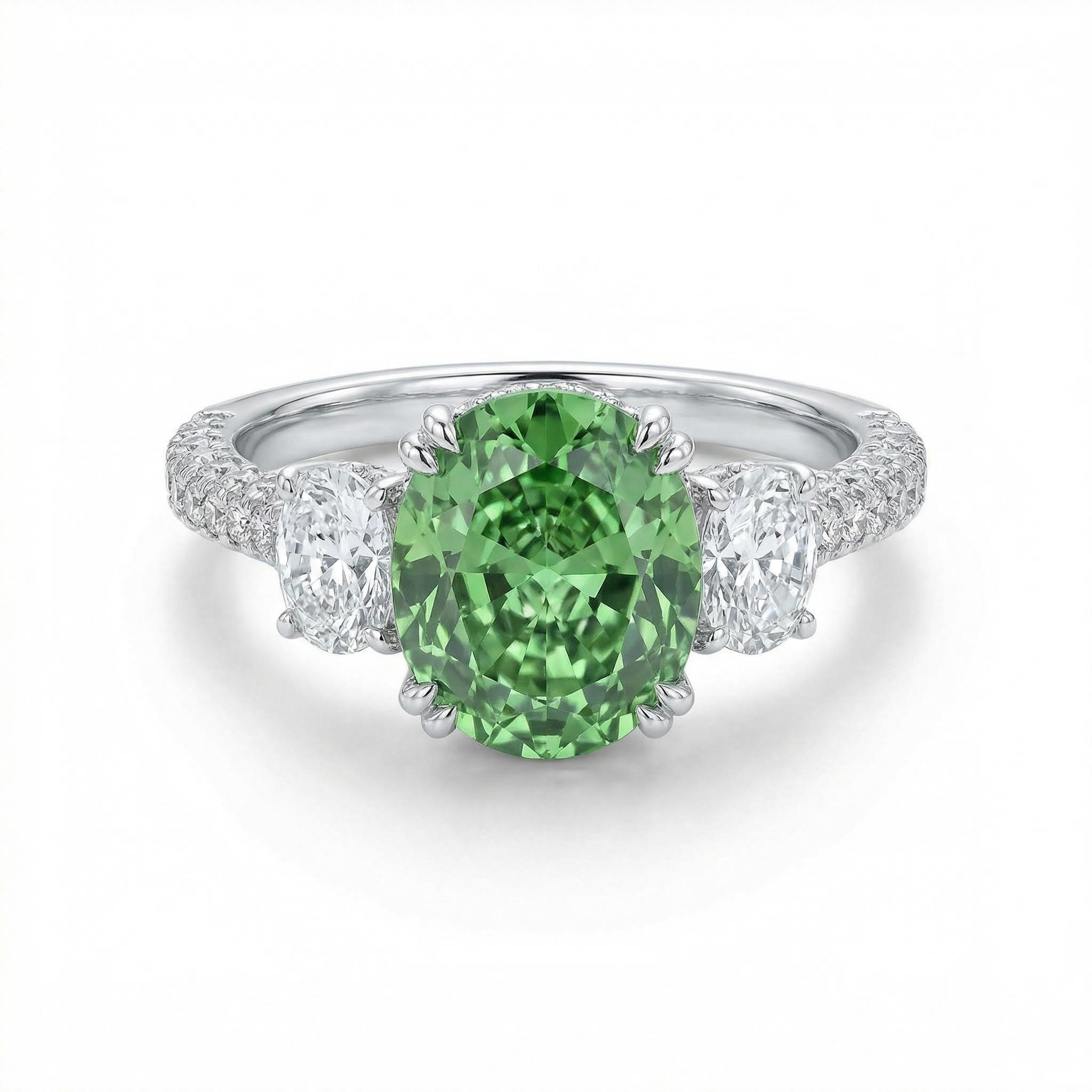 6.51ct. Tw. Green Oval Cut Diamond Three Stone Engagement Ring Iced Out