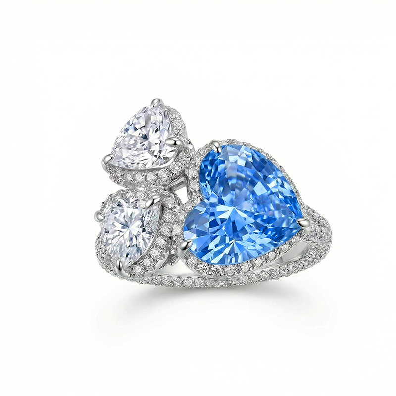 9.07ct. Tw. Blue & White Heart Cut Diamond Halo Engagement Ring Iced Out