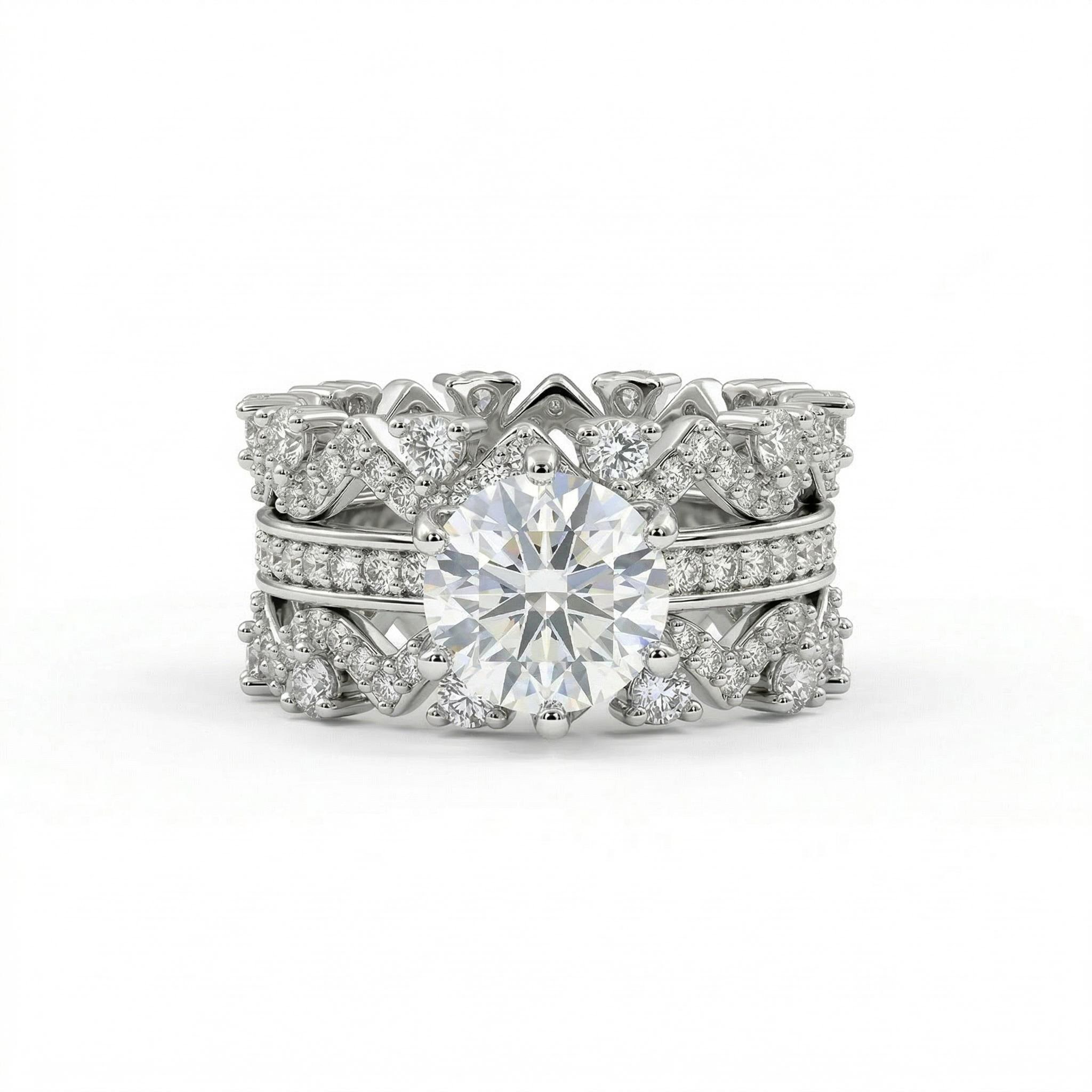 3.89ct. Tw. Round Cut Vvs Moissanite Halo Engagement Ring Set Iced Out
