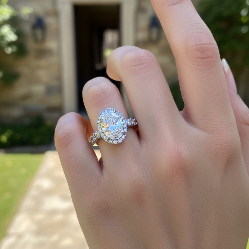6.12ct Oval Cut Vvs Moissanite Halo Engagement Ring With Iced Out Shine - Image 5