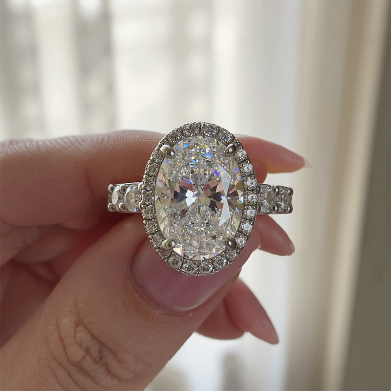 6.12ct Oval Cut Vvs Moissanite Halo Engagement Ring With Iced Out Shine