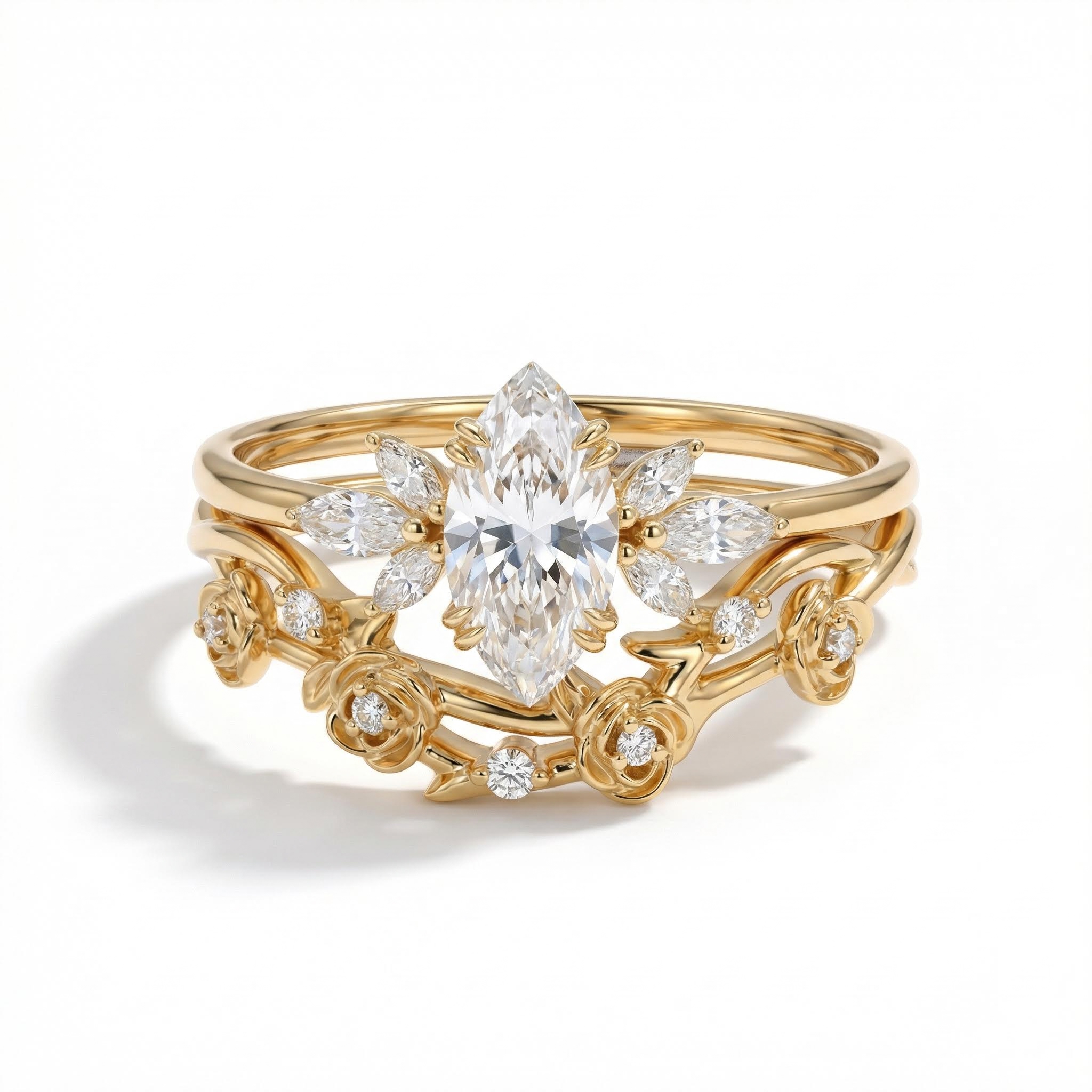 2.8ct Marquise Cut With Floral Accents Vvs Moissanite Engagement Ring Set