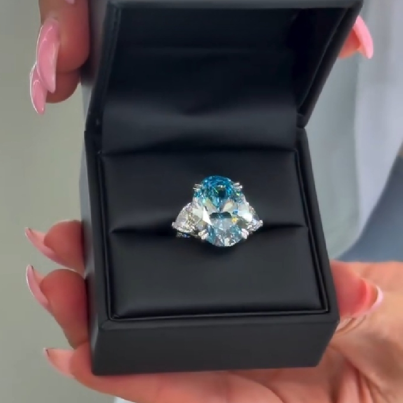 6ct Blue Oval Cut Three Stone Diamond Engagement Ring Iced Out - Image 3