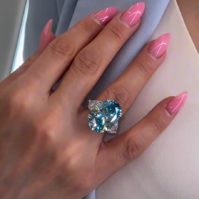 6ct Blue Oval Cut Three Stone Diamond Engagement Ring Iced Out - Image 4