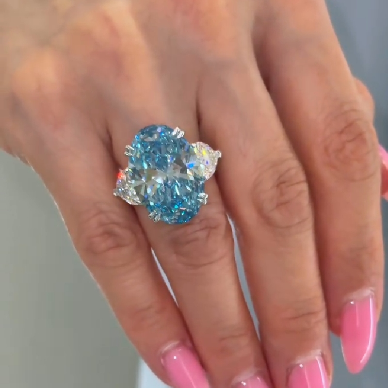 6ct Blue Oval Cut Three Stone Diamond Engagement Ring Iced Out