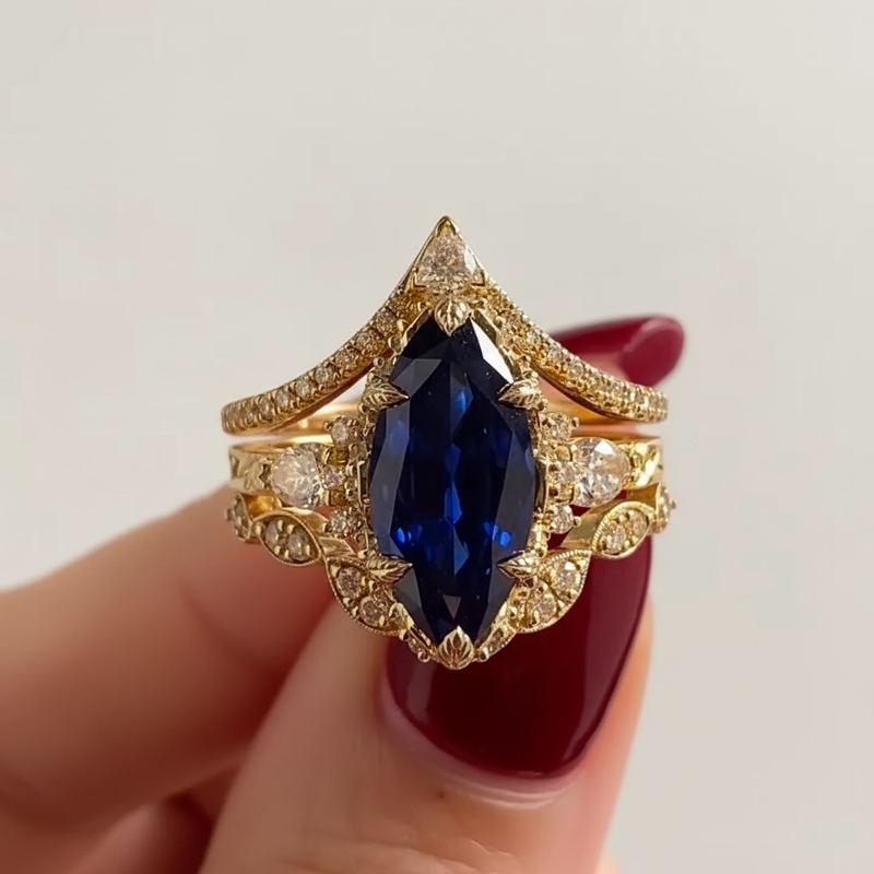 6.66ct Blue Marquise Cut Gemstone Vintage Engagement Ring Set Silver - Image 5