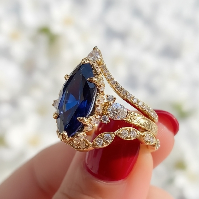 6.66ct Blue Marquise Cut Gemstone Vintage Engagement Ring Set Silver - Image 6