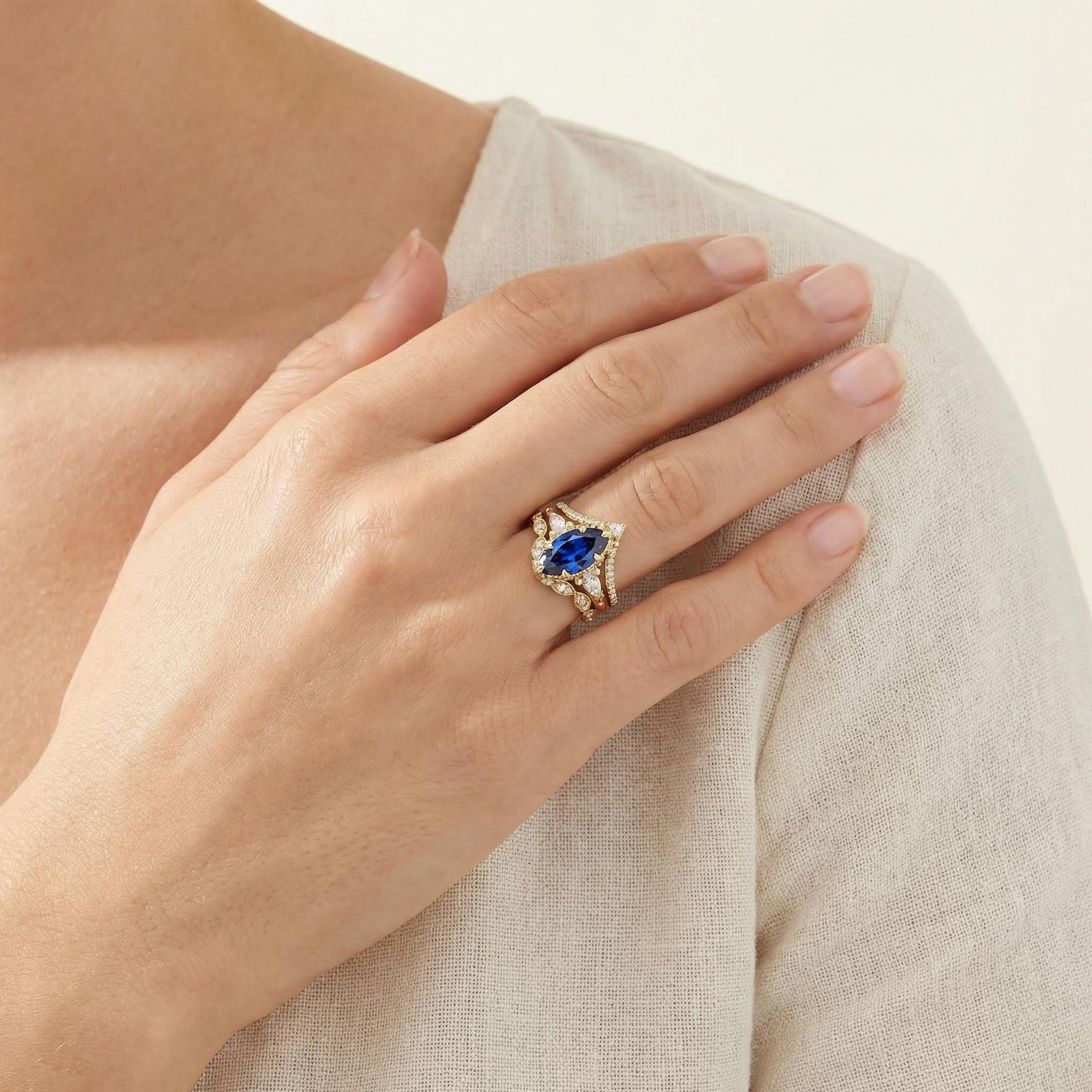 6.66ct Blue Marquise Cut Gemstone Vintage Engagement Ring Set Silver - Image 7