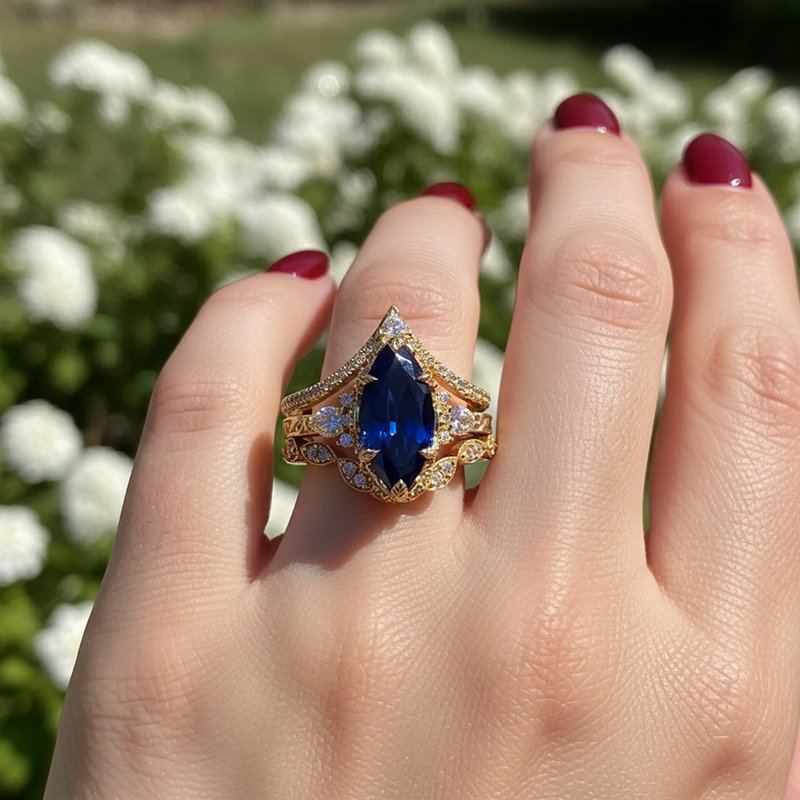 6.66ct Blue Marquise Cut Gemstone Vintage Engagement Ring Set Silver - Image 8