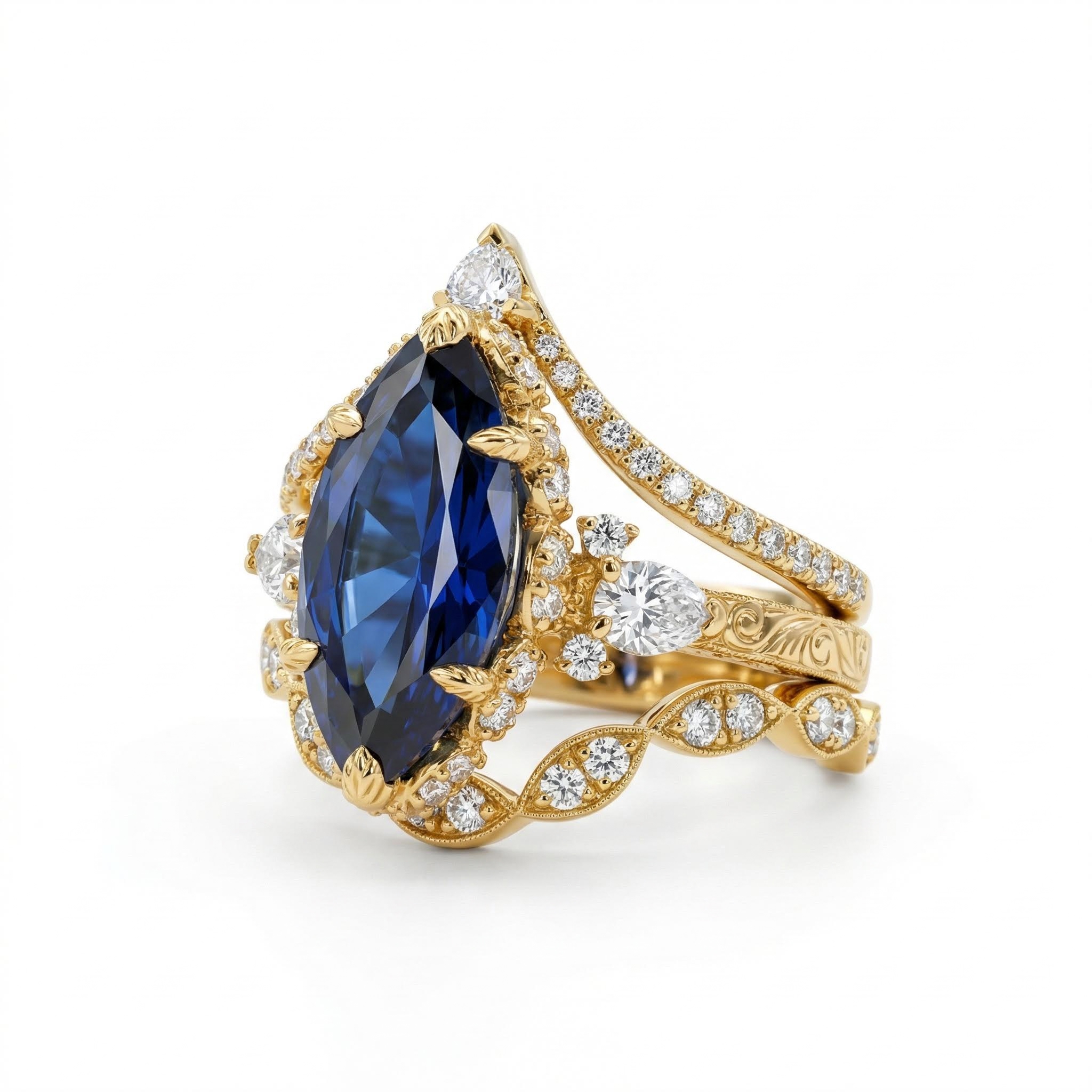 6.66ct Blue Marquise Cut Gemstone Vintage Engagement Ring Set Silver