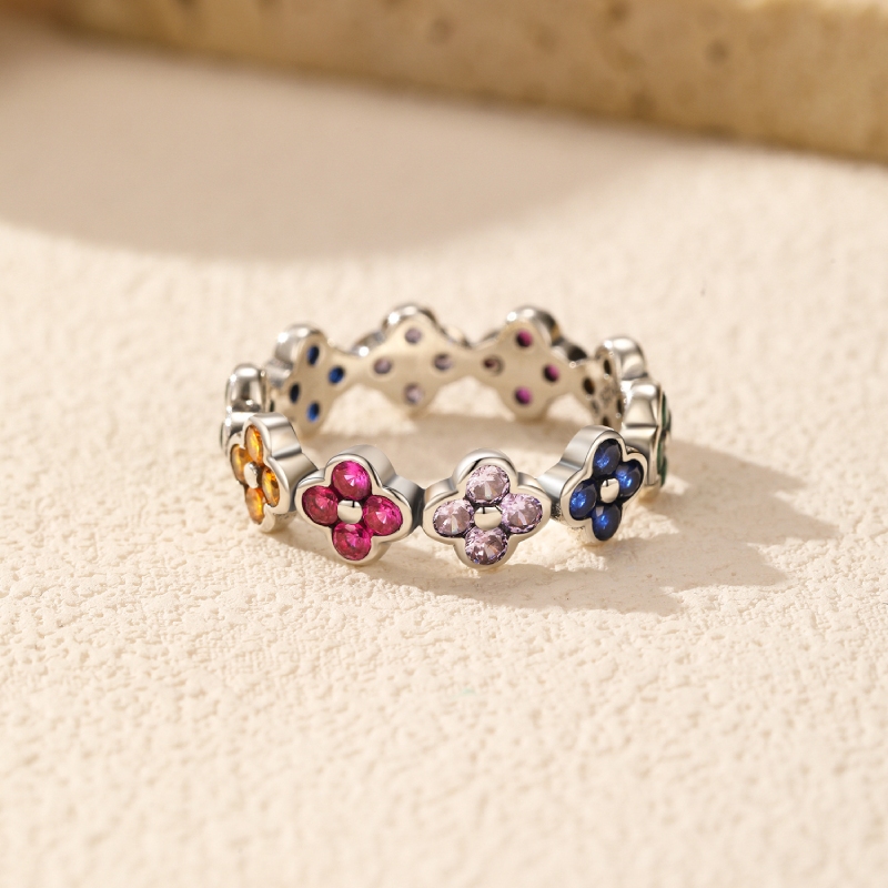 S925 Silver Colorful Four Leaf Clover Wedding Band With Street Luxury Shine - Image 5