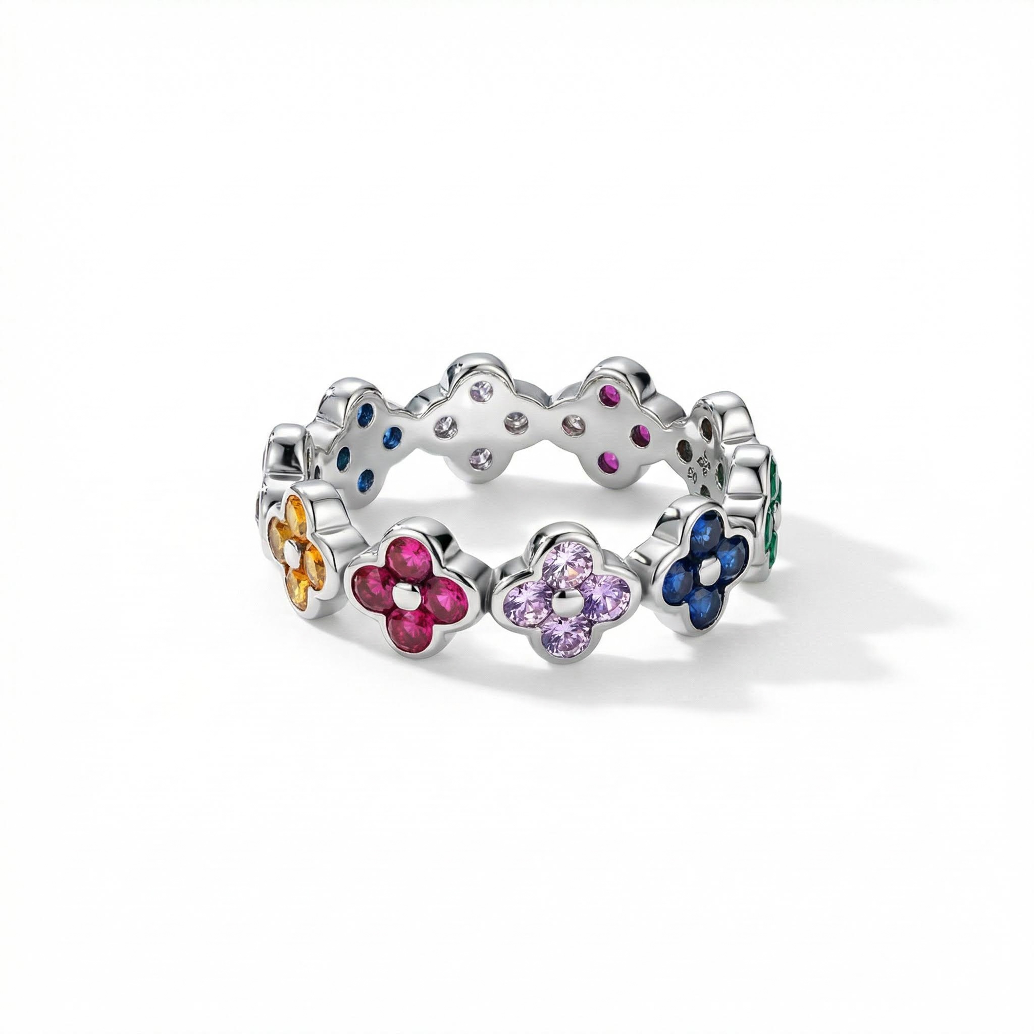 S925 Silver Colorful Four Leaf Clover Wedding Band With Street Luxury Shine