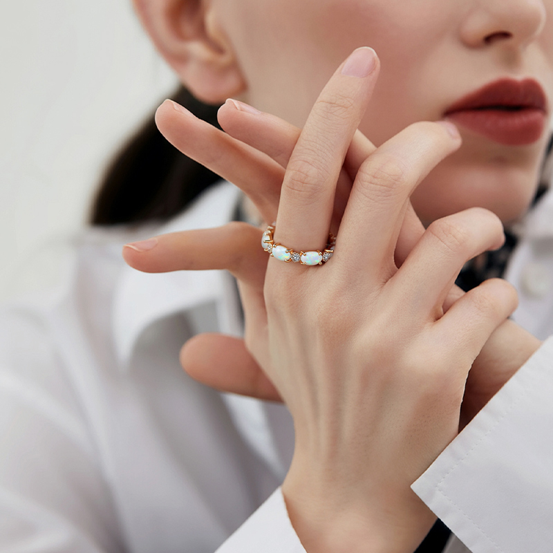 Oval Cut White Opal Eternity Band With Gold Plated With Street Luxury Shine - Image 5