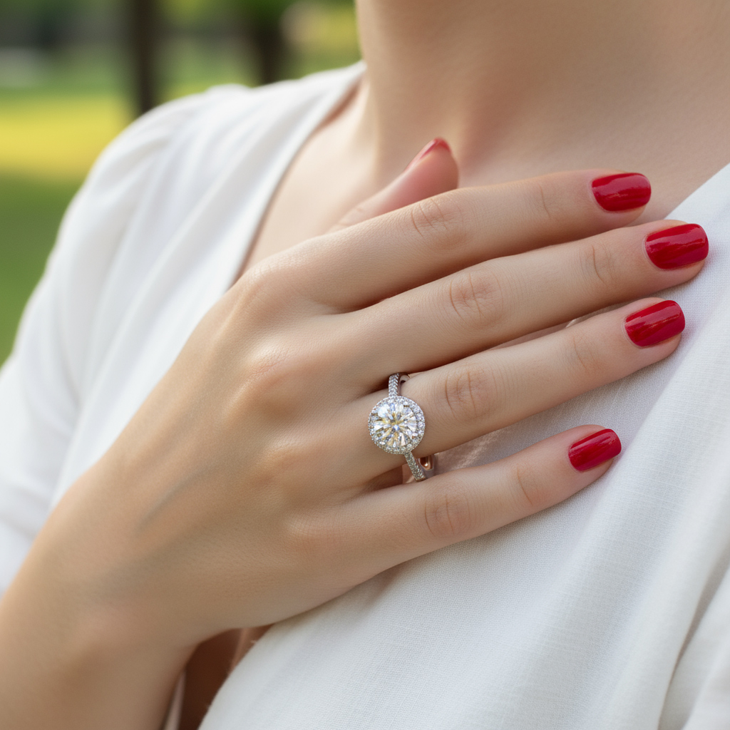 Bold 0.5ct/1ct Round Cut Vvs Moissanite S925 Silver Halo Engagement Ring - Image 3