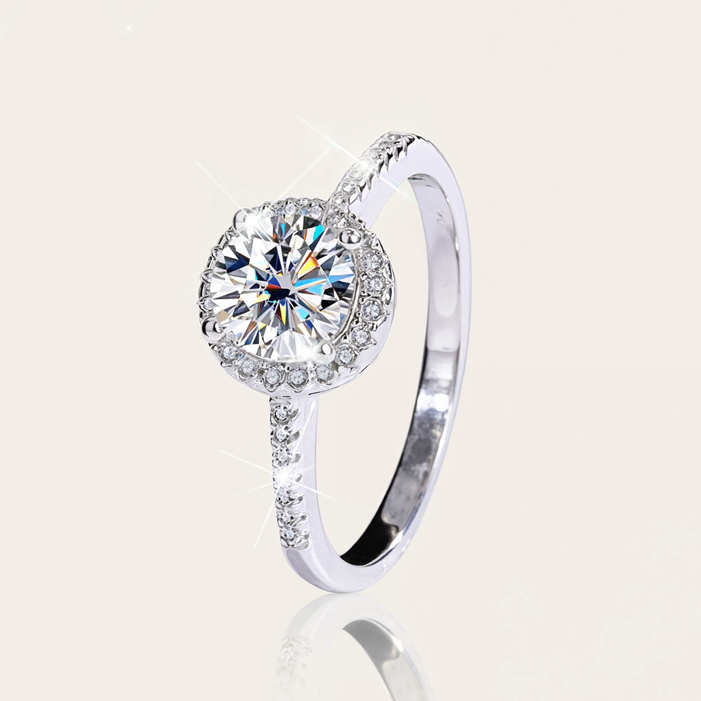 Bold 0.5ct/1ct Round Cut Vvs Moissanite S925 Silver Halo Engagement Ring - Image 6
