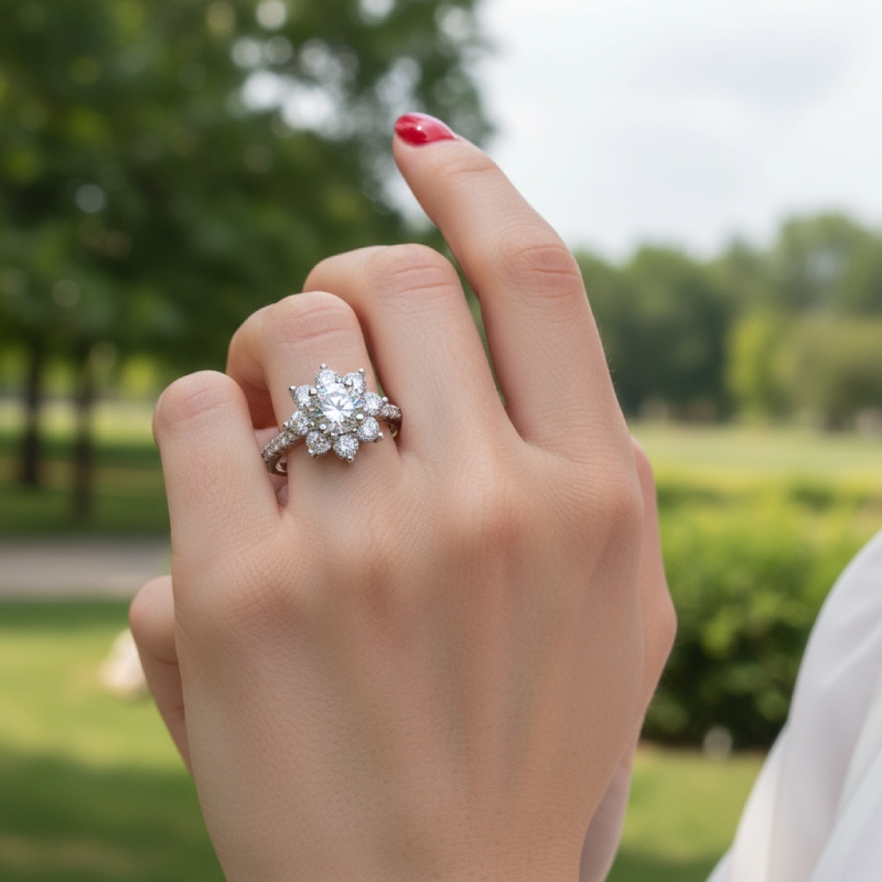 1ct/2ct Round Cut Vvs Moissanite S925 Silver Floral Halo Engagement Ring - Image 3