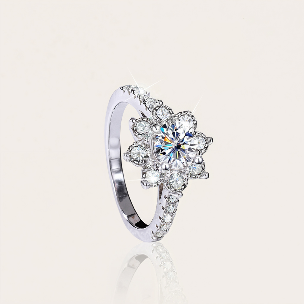 1ct/2ct Round Cut Vvs Moissanite S925 Silver Floral Halo Engagement Ring - Image 4