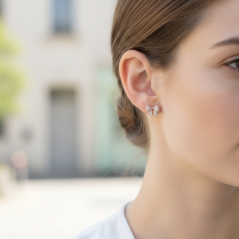 S925 Silver Round Diamond Pave Bow Earrings With Street Luxury Shine - Image 4
