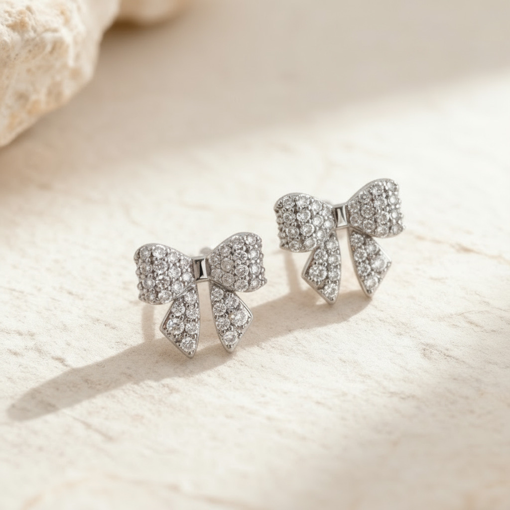 S925 Silver Round Diamond Pave Bow Earrings With Street Luxury Shine - Image 5