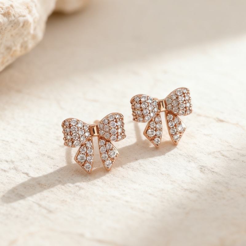 S925 Silver Round Diamond Pave Bow Earrings With Street Luxury Shine