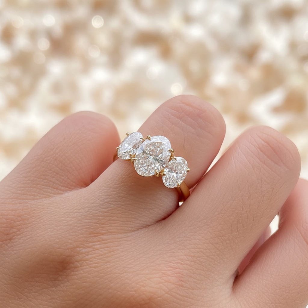 S925 Silver Oval Cut Three Stone Engagement Ring Moissanite - Image 4