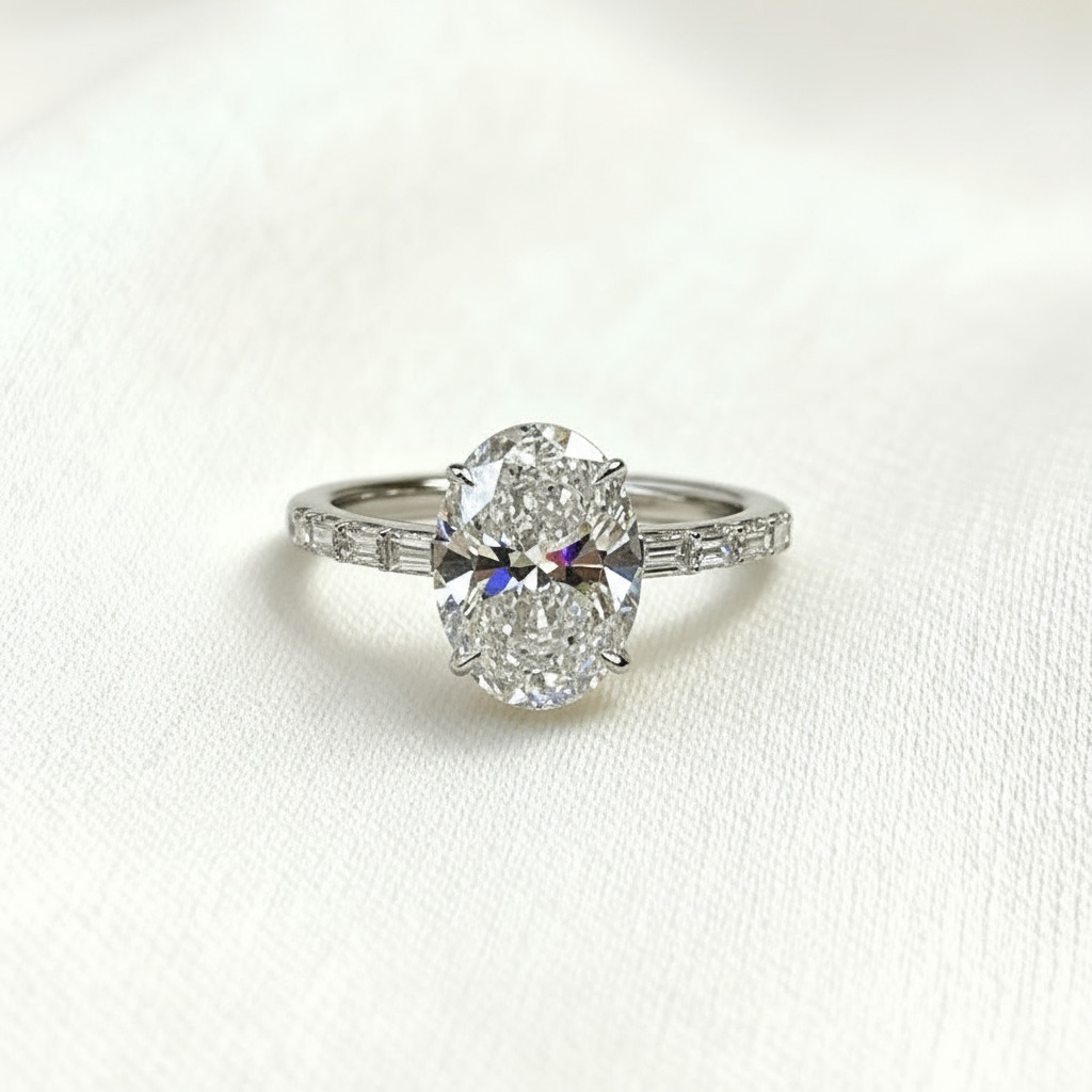 4.2ct Oval Cut Vvs Moissanite With Baguette Pave Engagement Ring Iced Out - Image 3